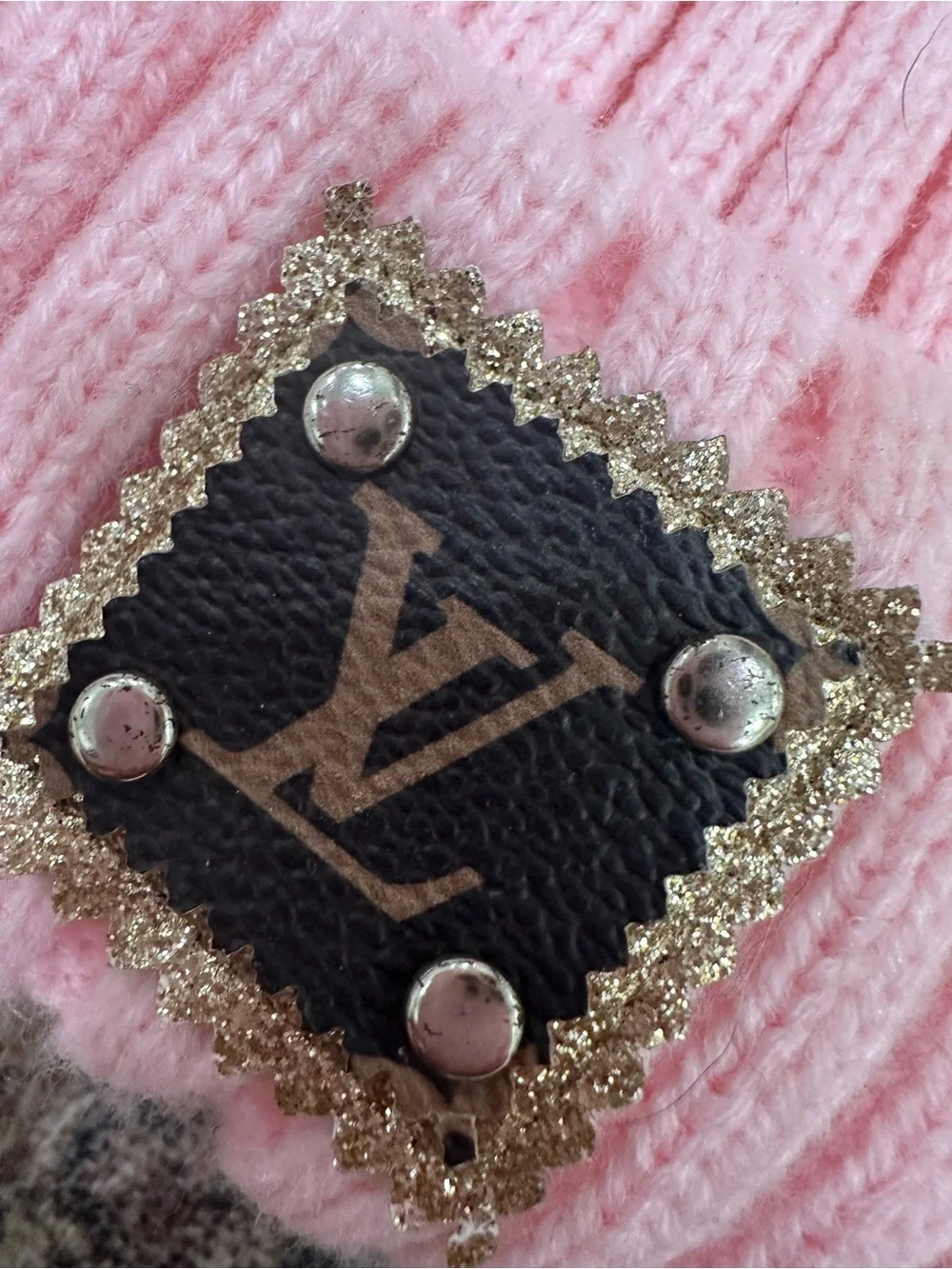 Pink Double Pom Pom Knit Beanie Hat w/ Upcycled LV Patch